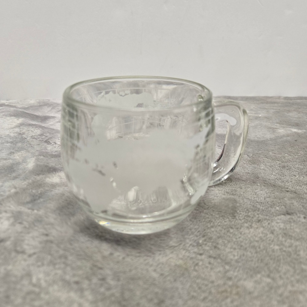 Vintage Nestle Clear Glass Coffee Mug Frosted World Map Globe Etched Design 3in